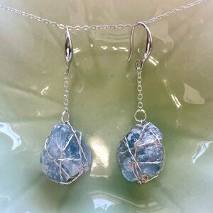 Blue celestite stone  Wire-Wrapped Earrings E7
